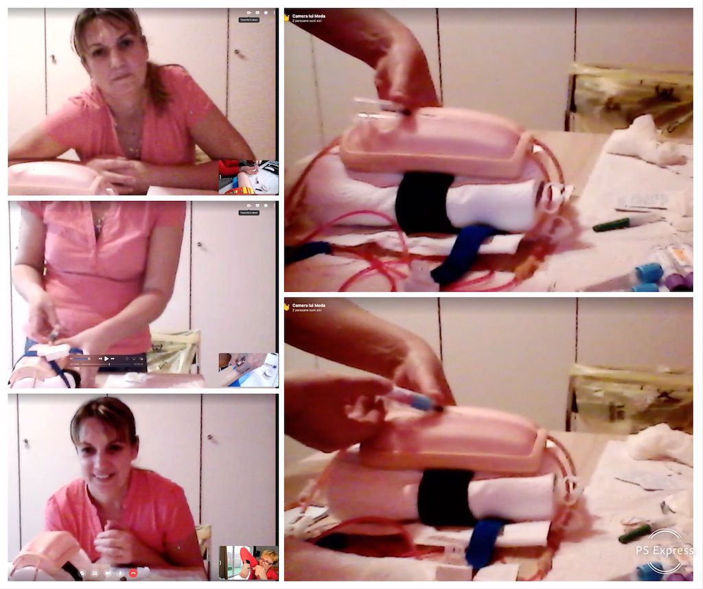 Cursantă exersând recoltarea sângelui cu ac și holder pe simulator în cadrul unei sesiuni de mentorat VOCEA pentru puncție venoasă.