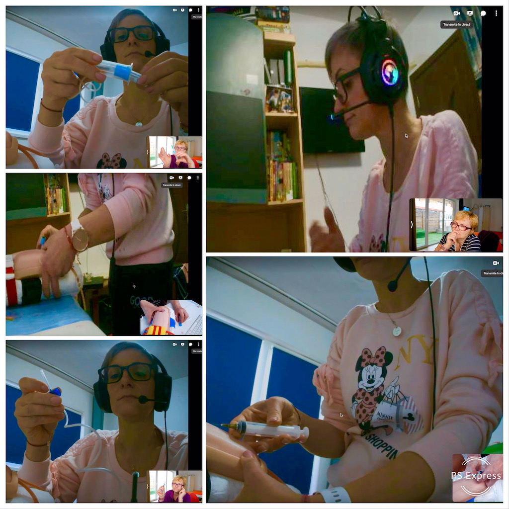 Cursantă exersând recoltarea sângelui cu microperfuzor și holder pe simulator în cadrul unei sesiuni de mentorat VOCEA pentru puncție venoasă.